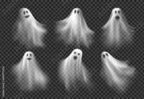 Realistic Halloween ghosts. Vector 3d scary transparent white ghost, ghoul or spirit monsters silhouettes with spooky faces. Horror holiday flying phantoms or nightmare shadows foggy figures