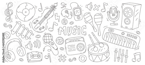 Music linear graphic design element outline concert logo set with instrument, note and microphone