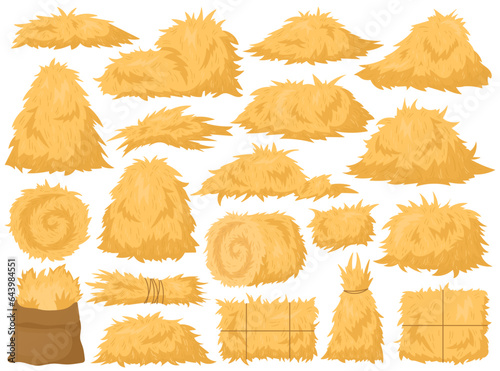 Dry farm haystack, bale, pile and heap stack, straw in rolls and sack bag isolated agricultural set