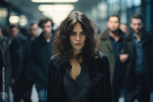 Lonely frightened serious young woman in crowd of lustful man in bokeh looking at camera indoors. Female problems, harassment, abuse, violence concept