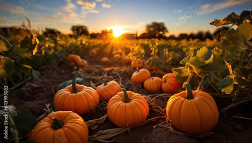 Pumpkin patch on sunny Autumn day. Beautiful fall scene.