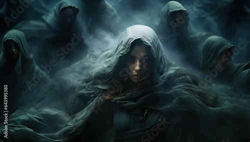 Portrait of a beautiful woman in a dark cloak with a hood