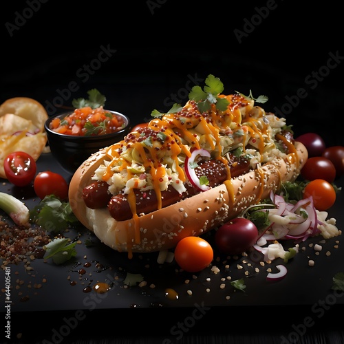 Enjoy a timeless hotdog: sesame bun, 2 dark red sausages, topped with cheese, sauce, and seeds. Presented with red onions, tomatoes, shredded cheese, parsley, and additional seed plus salsa and bread!