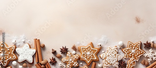 Delicious gingerbread cookies on isolated pastel background Copy space