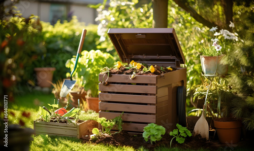 Bac à compost ouvert avec épluchures et vers de terre dans un jardin