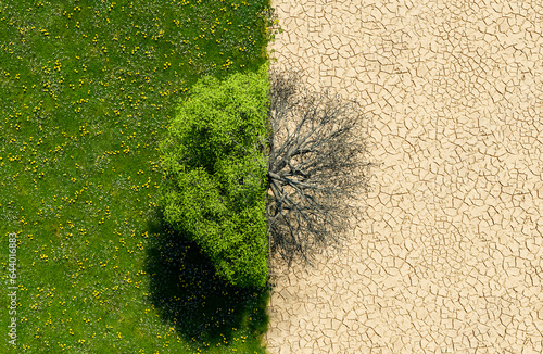 top view of a green landscape with half in drought