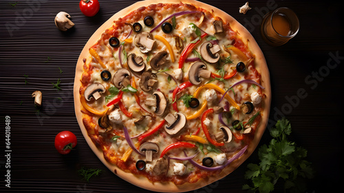 Cheese pizza with several vegetables, bell peppers, olives, mushrooms and oregano toppings from top view