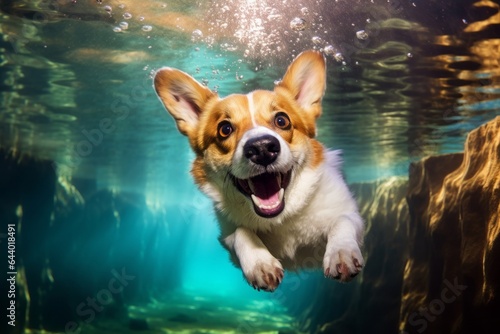 Medium shot portrait photography of a smiling norwegian lundehund bringing the leash wearing a floral collar against a fascinating underwater world background. With generative AI technology