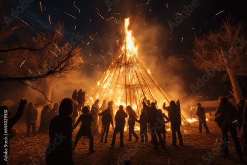 children dancing and playing around a Halloween bonfire. 