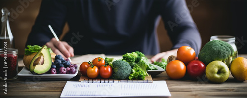 Dietitian writing diet plan, with different healthy products and drawings on the topic of healthy eating.