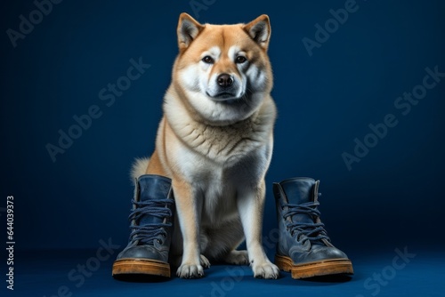 Close-up portrait photography of a funny akita wearing a pair of booties against a deep indigo background. With generative AI technology