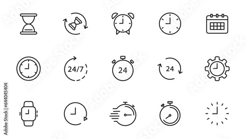 Time and Clock linear icons set. Timer, watch, speed, calendar, alarm clock, date and time management. Editable stroke. Vector illustration.