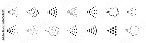 Spray Icons set. Spray steam icons. Spray with water, deodorant, perfume, aerosol, antiseptic and paint. Vector illustration.