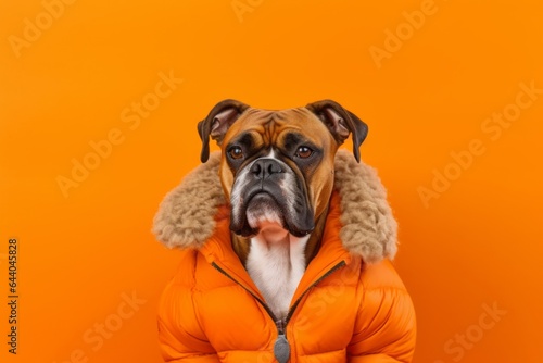 Group portrait photography of a funny boxer dog wearing a sherpa coat against a tangerine orange background. With generative AI technology