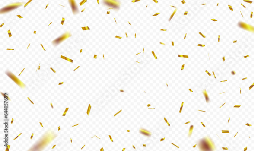 Shiny golden glitter confetti falling from above against a transparent background. Golden tinsel. Christmas party, birthday festive, new year celebration gold shimmer paper. Vector illustration EPS10.