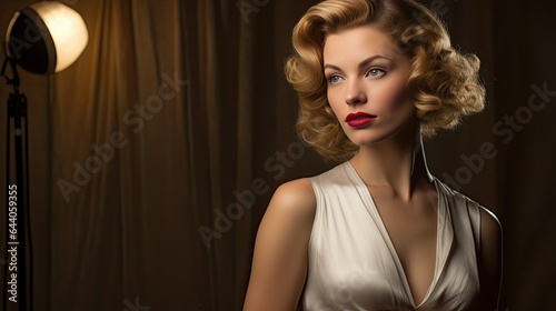 Model with a classic Hollywood glamour look, set in a studio resembling old movie sets