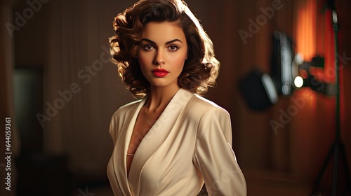 Model with a classic Hollywood glamour look, set in a studio resembling old movie sets