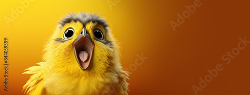 surprised baby chicken over yellow background, panoramic layout. Generative Ai