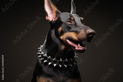 Medium shot portrait photography of a funny doberman pinscher wearing a spiked collar against a cool gray background. With generative AI technology