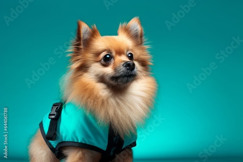Photography in the style of pensive portraiture of a cute pomeranian wearing a reflective vest against a tropical teal background. With generative AI technology