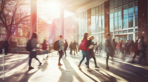 Students walking to class in a university or college environment. Moving crowd motion blurred background. 