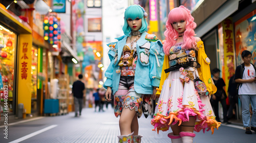 Girls dressed as anime character or Harajuku, pose at a cosplay gathering in Japan. Shallow field of view.