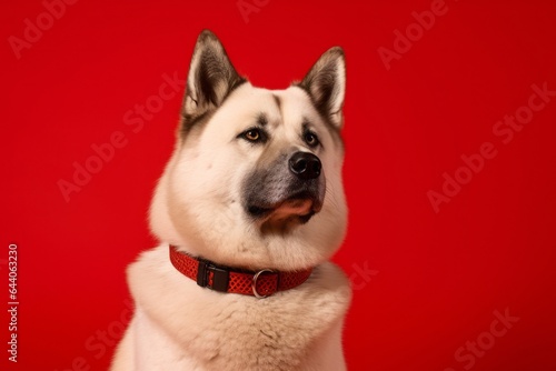Headshot portrait photography of a funny akita wearing a spiked collar against a ruby red background. With generative AI technology