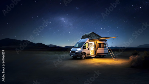 Van car under stars during midnight. Van life