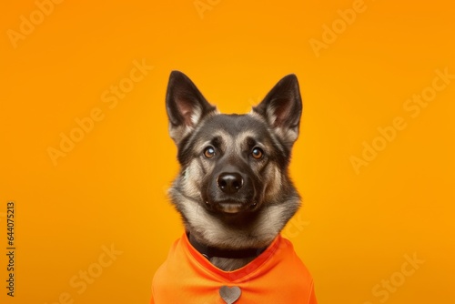 Conceptual portrait photography of a cute norwegian elkhound wearing a sports jersey against a bright orange background. With generative AI technology