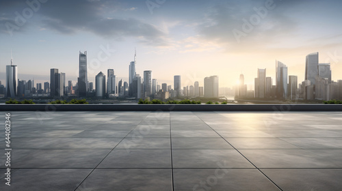 Sunrise illuminates a 3D-style cityscape, featuring a modern building exterior, with an empty cement floor and steel pavement in the foreground
