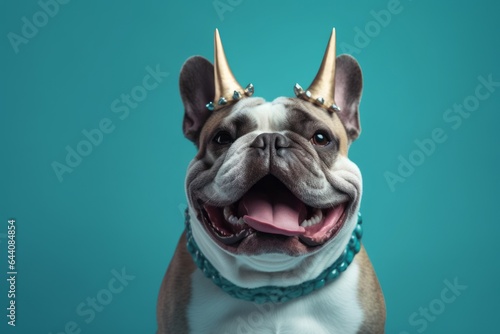 Medium shot portrait photography of a smiling bulldog wearing a unicorn horn against a teal blue background. With generative AI technology