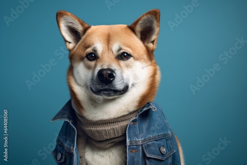 Medium shot portrait photography of a cute akita wearing a denim vest against a teal blue background. With generative AI technology