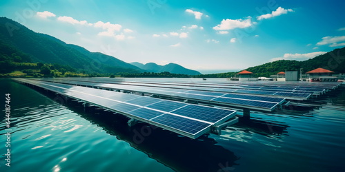 floating solar farm on a serene lake, harnessing solar energy while minimizing land use. Generative Ai