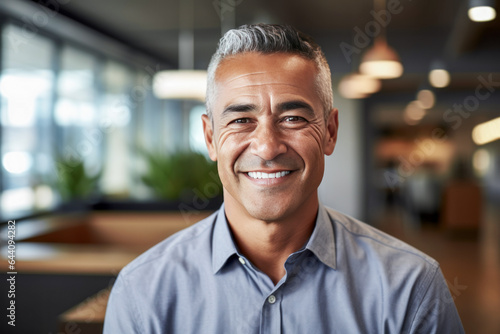 Smiling older businessman in blue open colar shirt.