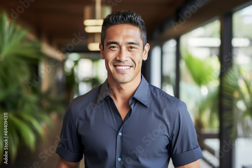 Headshot of a smiling young man in dark blue shirt.