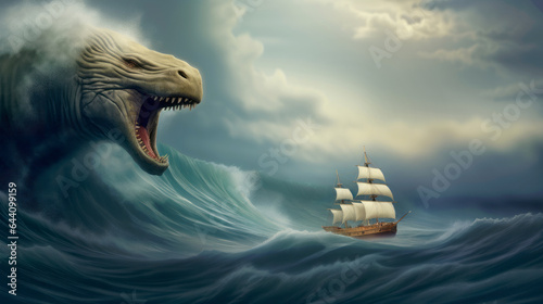 A ship sailing in the storm on a rough sea with huge waves, trying to escape the attack of a deep sea monster