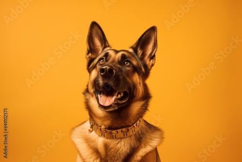 Conceptual portrait photography of a funny german shepherd wearing a spiked collar against a gold background. With generative AI technology