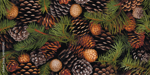 Vector seamless background with fir tree branches and cones.
