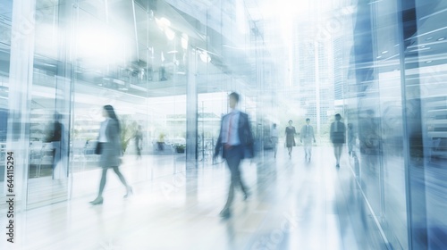 blurred business people in white glass office. Abstract blurred office interior space background. blue and orange colors. Business concept