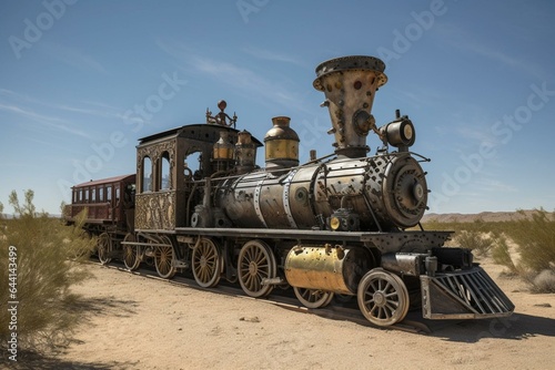 Vintage desert locomotive full of steam-powered mechanisms and gears. Generative AI