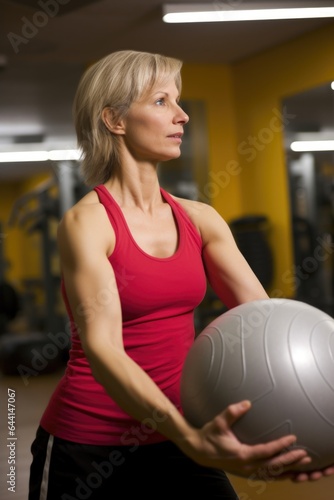 woman, stretching arms and medicine ball in gym for health wellness or exercise routine
