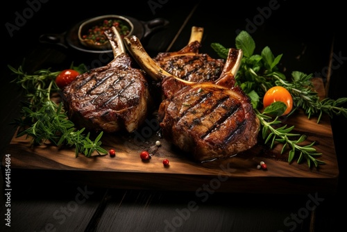 Delicious lamb chops and mutton cutlets presented on a wooden board with a dark background. Shot from a top view. Generative AI