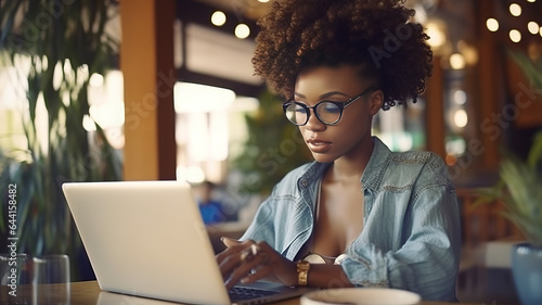 A young african american woman working on laptop, freelancer or student .Generative ai