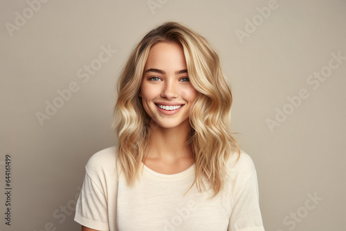Generative AI portrait charming blonde hair girl woman smiling white teeth isolated pastel color wall background