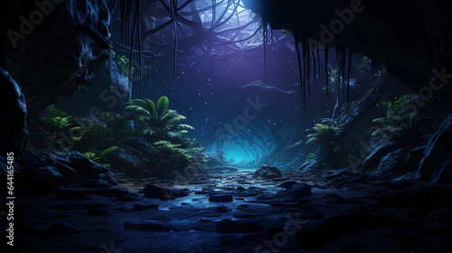 a tropical cave with bioluminescent plants and fungi, mystical and otherworldly atmosphere