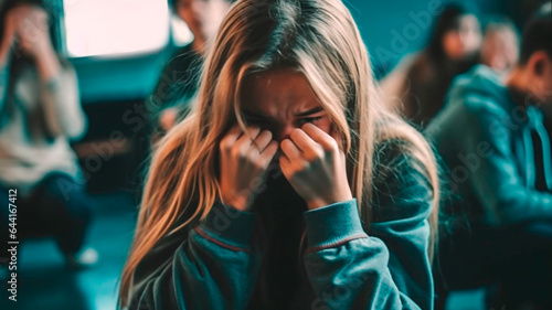 Upset girl at school and crying after bullying by classmates. Generative AI