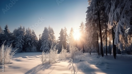Winter beautiful mountain landscape with trees covered hoarfrost and bright sunlights.