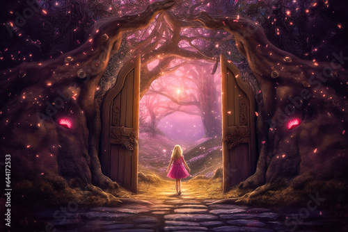 Petite fille aux portes d'un monde enchanté dans la forêt la nuit 