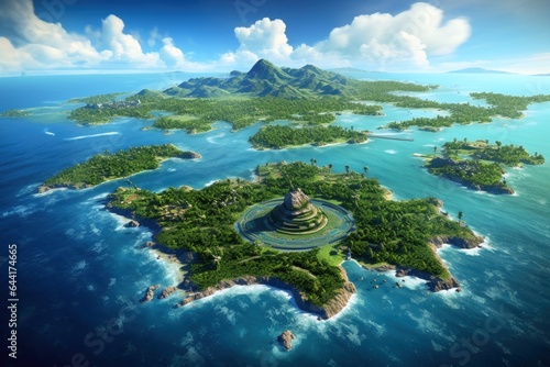 Aerial view of the lost island of an ancient forgotten city.