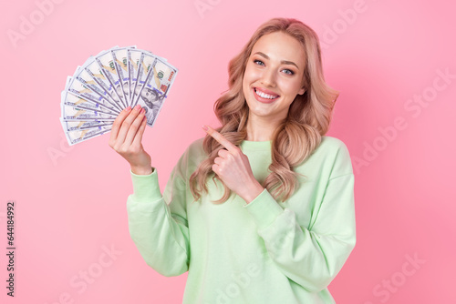 Photo of gorgeous young woman wear green sweatshirt pointing finger dollars first big money lottery isolated on pink color background
